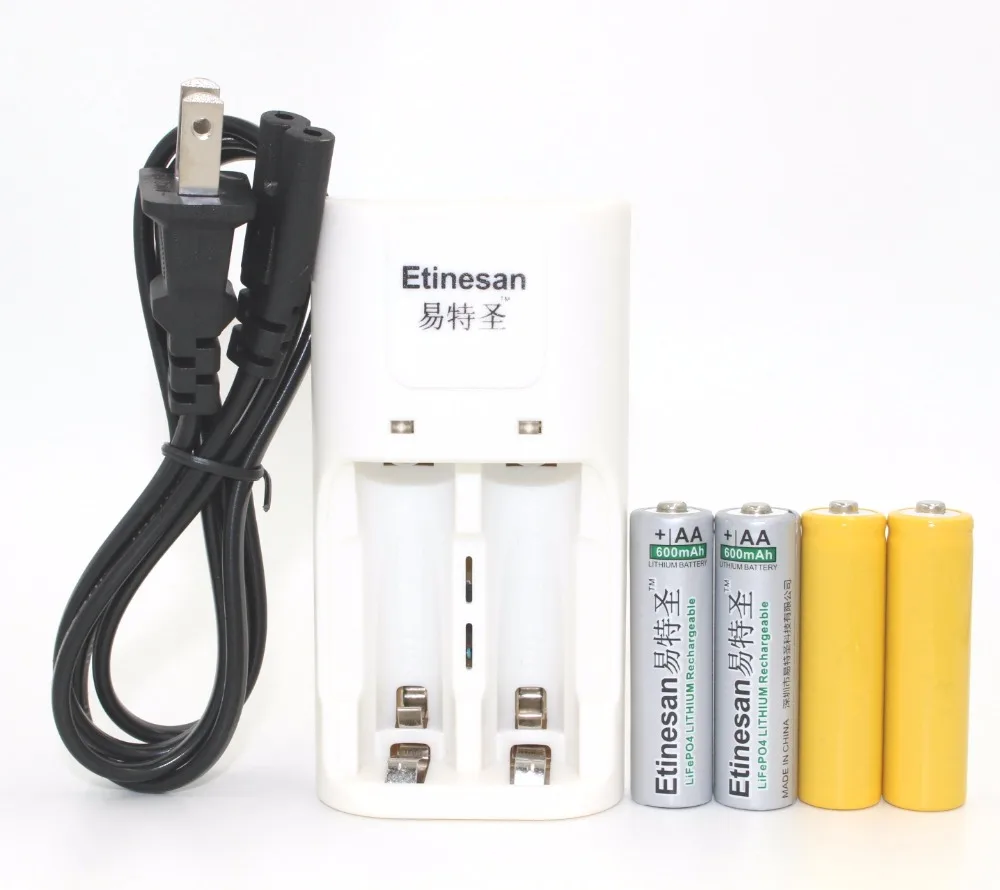 

2pcs Etinesan 600mAh 14500 lifepo4 3.2v AA li-ion Rechargeable Battery For Solar Lights + charger and dummy set