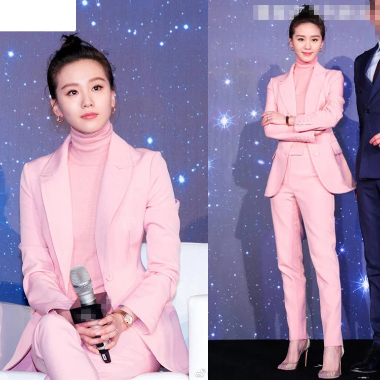 

2019 Spring Autumn Women Pink Pants Sets Office Lady Work Business Blazer Coat + Ankle Length Pants 2 Pieces Set Y212