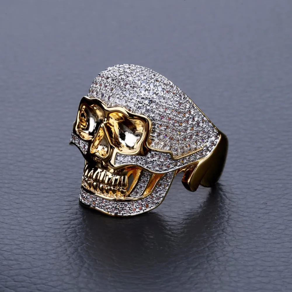 Хип-хоп CZ камень проложить лед из Bling Золотое кольцо золотой цвет Медь Материал кольца с костями и черепами для мужчин рок ювелирные изделия