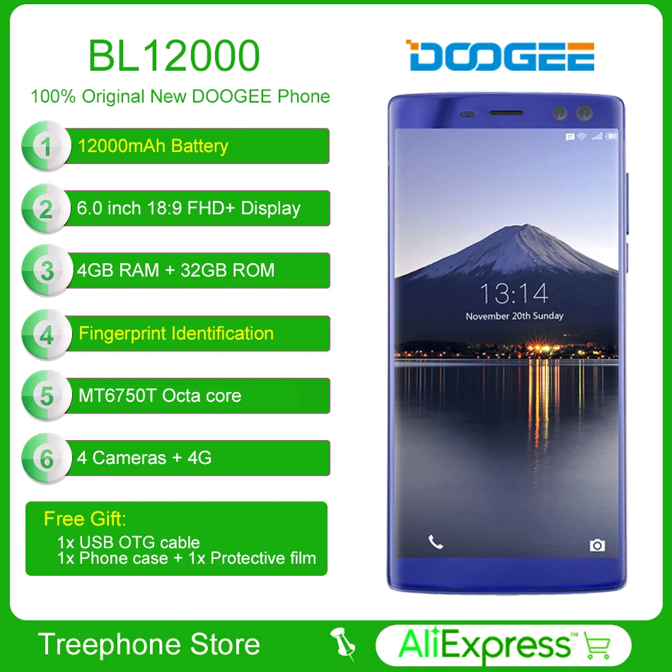 12000 мАч DOOGEE BL12000 смартфон MTK6750T Octa Core 4 ГБ + 32 6 0 ''FHD 18:9 Дисплей 16.0MP Камера