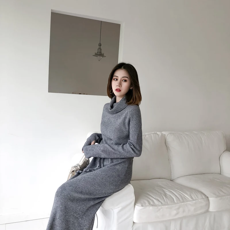 Winter Turtleneck Lace Up Knitted Long Full Sleeve Dress | Coins Shopy