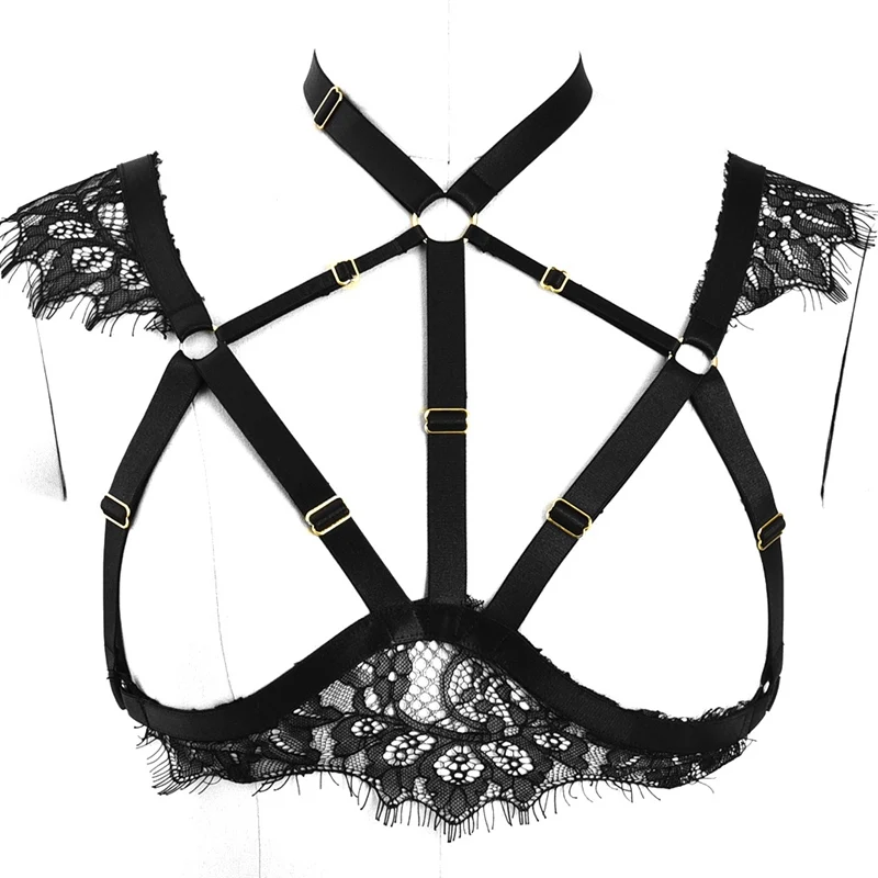 

Sexy Black Soft Lace Body Harness Bra Women Cage Bra Open Chest Strap Adjust plus size Goth Style Crop Tops Bondage Lingerie