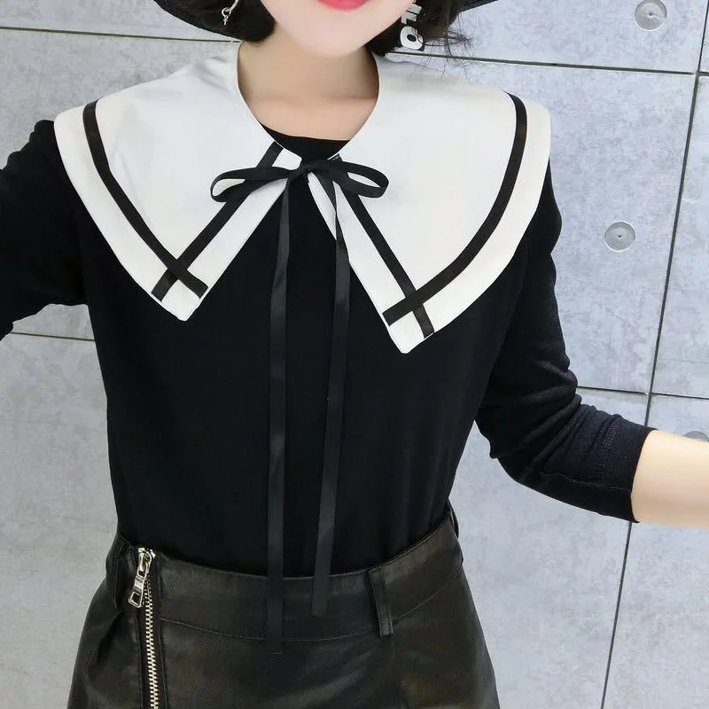 

New wild fashion pattern shawl chiffon folds belt women's accessories fake Women Detachable Solid Lapel Blouse Peter pan shirt