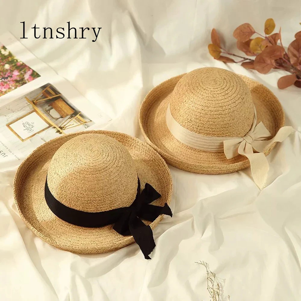 

2019 Summer Female women's Bow Hat Wide Brim Floppy Sun Hat Wide side Dome Beach Women Hat Raffia Protect Travel Casual Caps