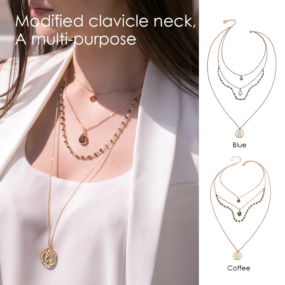 eManco Multi Layered Necklace Crystal Beads Chain Vintage Old Coin pendant necklace New Arrivals For Women Fashion Jewelry