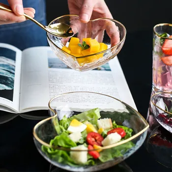 Japanese gold rim glass bowl household salad bowl heart-shaped fruit bowl water cup dessert bowl 6