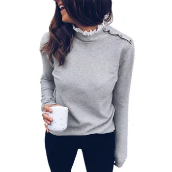 

2020 Autumn Shoulder buttons Sweater Women's Knitted Pullover O Neck Lace Patchwork Sweater Fashion Jumpers Ladies Knitwear Tops