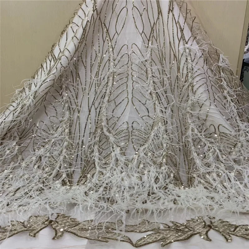 

Popular Gold Nigeria Embroidered Africa Lace High Quality Mesh Lace French Feathers Tulle Net Lace Fabric with Sequins X1431
