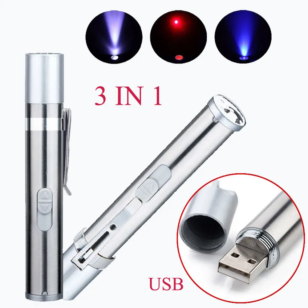 

Mini lazer Red Laser Pointer USB Rechargeable 3 In 1 Pen Flashlight Charging UV Torch Pen Flashlight Multifunction Lamp