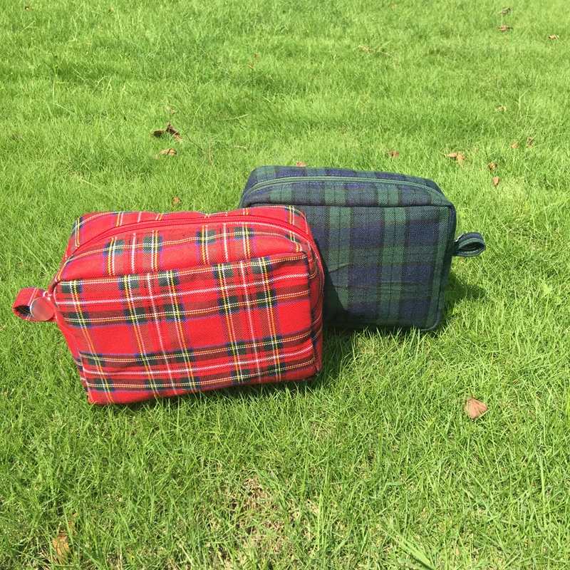 New Red Plaid Cotton Canvas Cosmetic Bag ,Wholesale Free Shipping Green