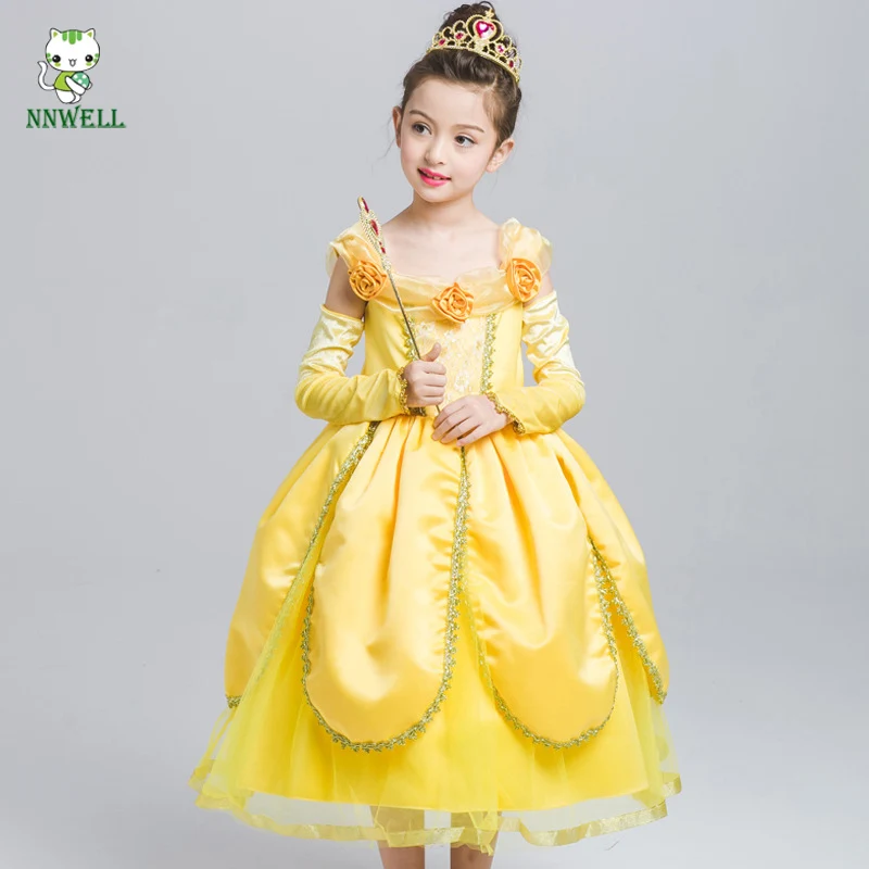 

NNW Beauty and The Beast Belle Cosplay Princess Fancy Kids Costumes Grils Yellow Dresses With Sleeve Hight-Quality