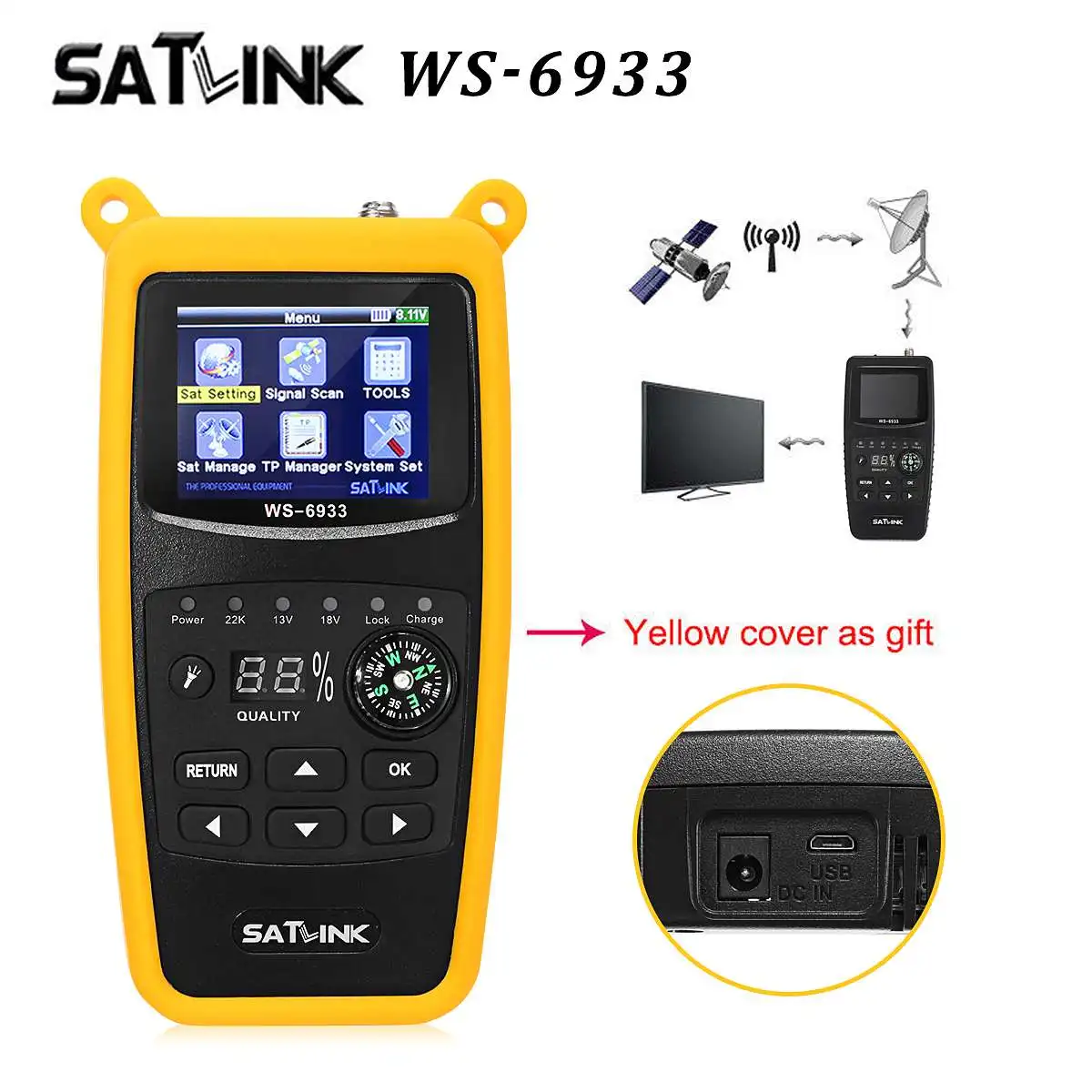 

Satlink WS-6933 DVB-S2 FTA Digital Satellite Finder Meter LCD Flashlight Signal Finder Meter Detector