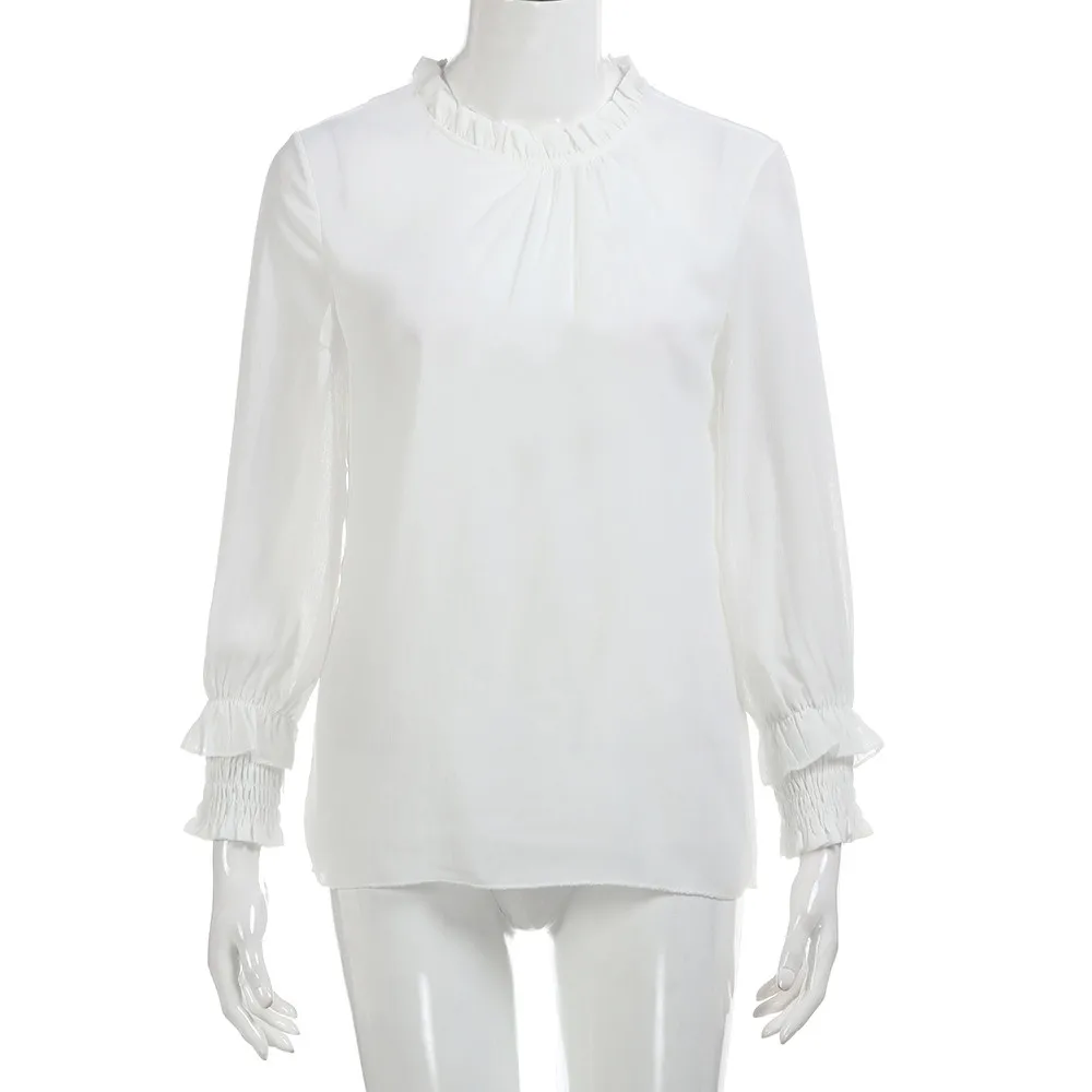 Страусиная модная шифоновая блузка для женщин, весна, свободные рубашки с длинным рукавом и рюшами, элегантные офисные Рубашки, Топы, Blusas Mujer - Цвет: Белый