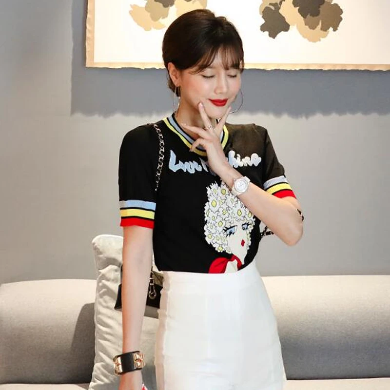 2018 Runway Summer Autumn O-neck Pullover Female Striped Sweater Newest Women's Knitted Tops Girl Letters Short Sleeve Sweaters | Женская