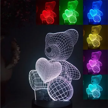 

2018 Lovely Heart Bear 3D LED illusion Night Light 7 Color Changeable Control USB Battery Home Decor Touch Lights New Year Gift