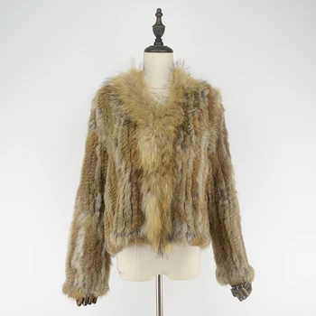 

Women's Natural Fur Coat Real Rabbit Fur Knitted Long Sleeve Fur Jacket rf0015