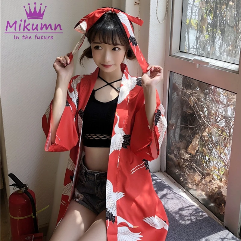 

Vintage Japanese Harajuku Blouse Crane Printing Casual Loose Kimono Cardigan Summer Women Clothings Sunscreen Tops Female