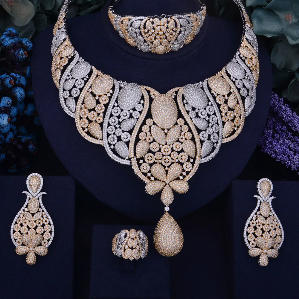 

GODKI Luxury Flower Women Nigerian Wedding Naija Bride Cubic Zirconia Necklace Dubai 4PCS Jewelry Set Jewellery Addiction