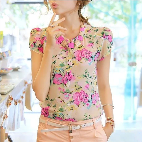 Nuevo 2016 de la alta calidad ocasional mujeres blusa corta con estampado floral blusa de gasa top, 3 colores, tamaño M / L / XL / 893|blouse material|blouse silkblouse design - AliExpress