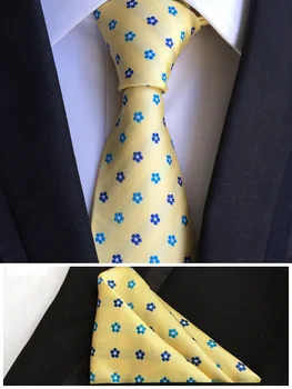 

8cm Unique Design Formal Ties Men's Wedding Party Necktie Yellow with Blue Beautiful Flowers Handkerchief