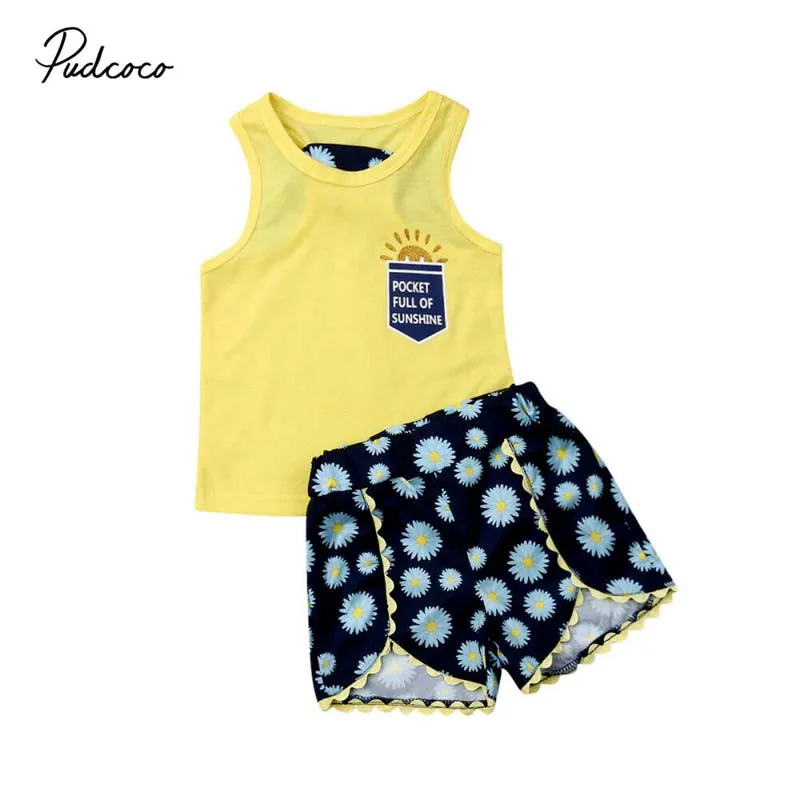 

2019 Brand Toddler Kids Baby Girl Clothes Sun Letter Pocket Tops Vest Sunflower Short Pants Summer Casual Outfit Set 2Pcs