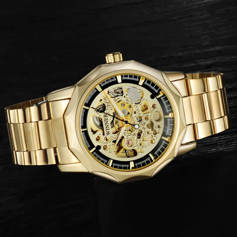 WINNER-Reloj de pulsera para hombre, cronógrafo masculino con esqueleto mecánico, a la moda, informal, automático, con correa de acero dorado - Imagen 2