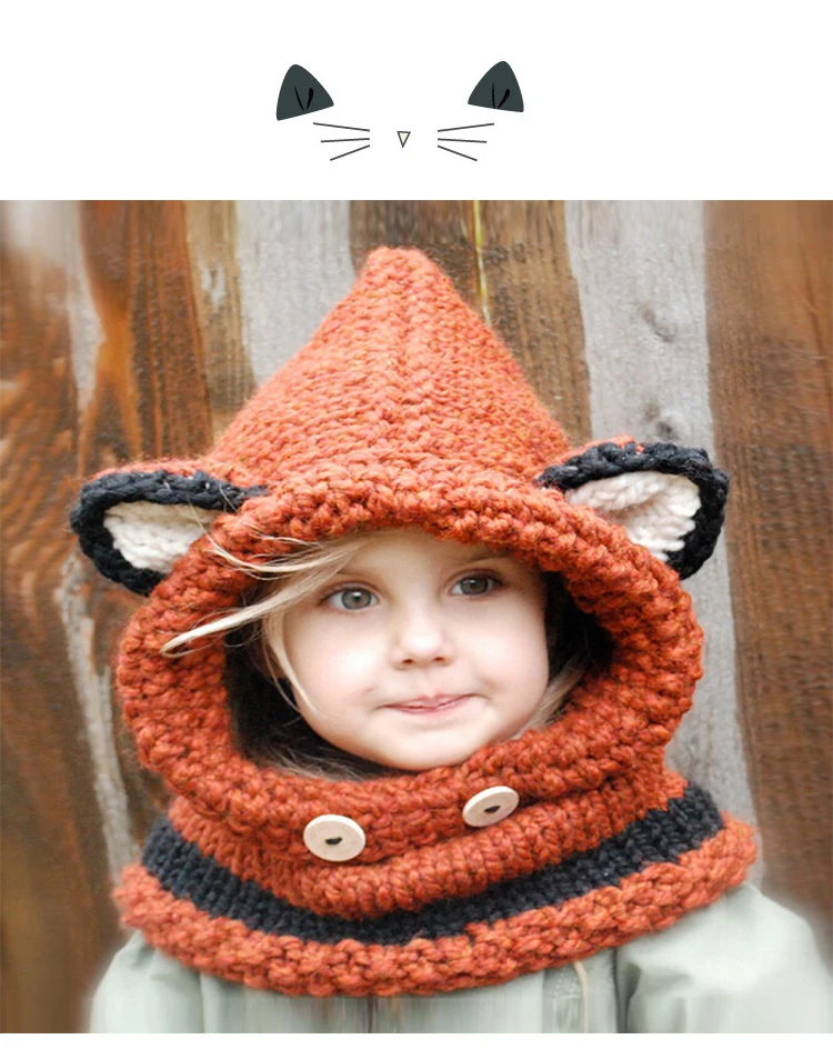 Mingjiebihuo купить шляпу подарок шарф животное лиса шапка уха теплые милые детские ручной работы вязаная шапка