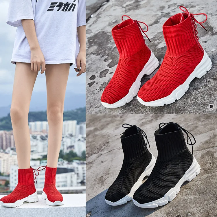 

Women High Top Socks Sneakers Running Shoes Breathable Sport Soft Barefoot Shoes Knitted Footwear Female Lace Up Wedge Shoes Red