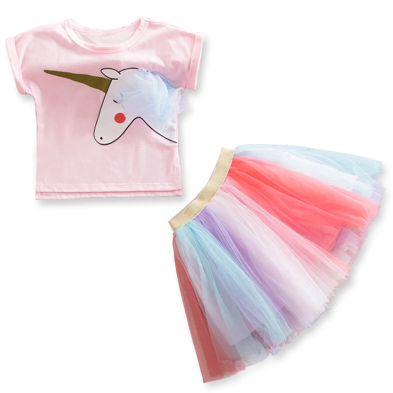 Комплекты одежды для девочек летнее хлопковое платье с фатиновой юбкой Детские комплекты из двух предметов с короткими рукавами Повседневный модный костюм для девочек юбка-пачка
