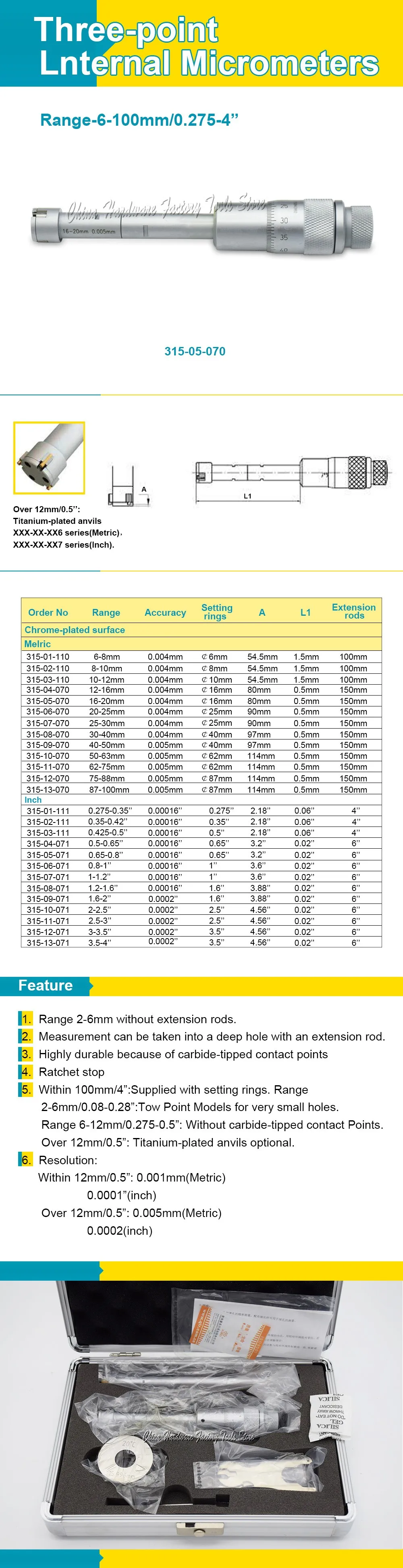 Трехточечные внутренние Микрометры 0.35-0.42 дюймов 8-10mm* 0.001 315-02-110