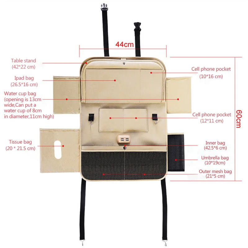 Органайзер для автомобильных сидений, принадлежность для хранения на заднем сидении, 4 порта USB для зарядки, Универсальная автомобильная сумка на спинку кресла, сетчатые аксессуары