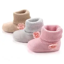 Новые теплые детские ботинки 6 цветов Обувь для новорожденных и девочек с цветочным рисунком детские мокасины хлопковые теплые вязаные