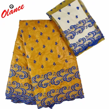 

Royal blue Spray Golden yellow dress fabric with golden Beads 5 yards Bazin Riche and 2 yards net lace TW27 African WAX Fabric