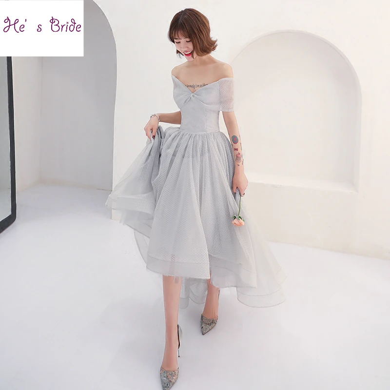 

He's Bride New Simple Cocktail Dress The Banquet Elegant Grey Short Front Long Back Asymmetry Evening Party Gown Formal Dresses
