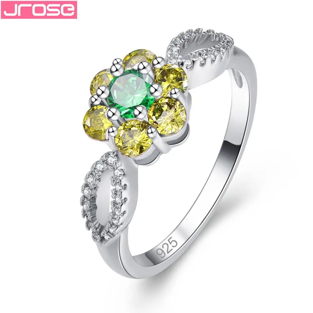 JROSE, опт, круглые, радужные, фиолетовые, зеленые, белые, кубические циркония, модные ювелирные изделия, серебряное кольцо, размер 6, 7, 8, 9,, подарки - Цвет основного камня: Зеленый