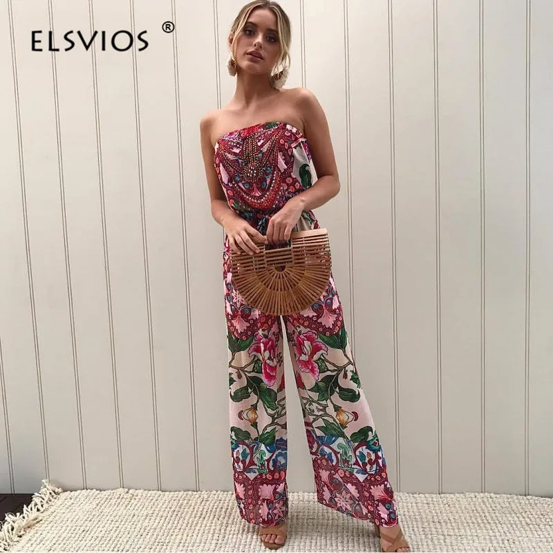 

ELSVIOS Women Strapless Floral Print Sexy Jumpsuits Spring Summer Beach Overalls Casual Rompers Backless Elegant Party Playsuits