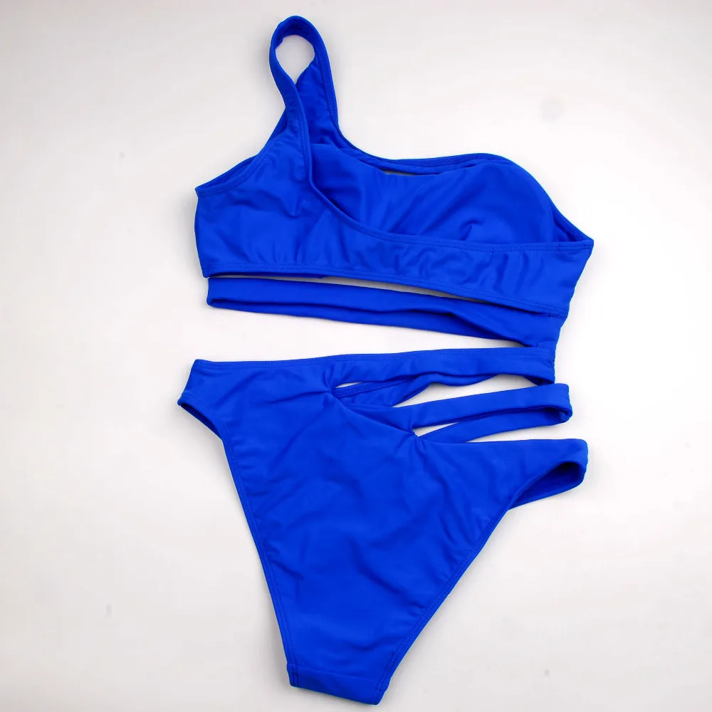 Сексуальный цельный купальник, бандаж для женщин, Одноцветный, белый и синий, на одно плечо, с вырезами, монокини, купальник, купальный костюм, боди