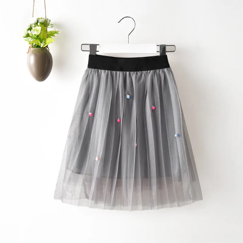 Весенняя кружевная юбка с жемчужинами для мамы и дочки, сетчатые юбки до середины икры для маленьких девочек, юбка с бусинами для малышей, семейная одежда с высокой талией