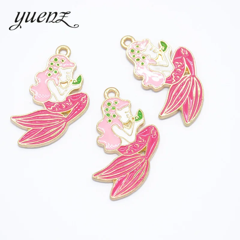 

YuenZ 10 pcs Pink Enamel Mermaid Charms KC Gold Color Metal Pendant Woman Jewelry Making Accessories 30*29mm W4