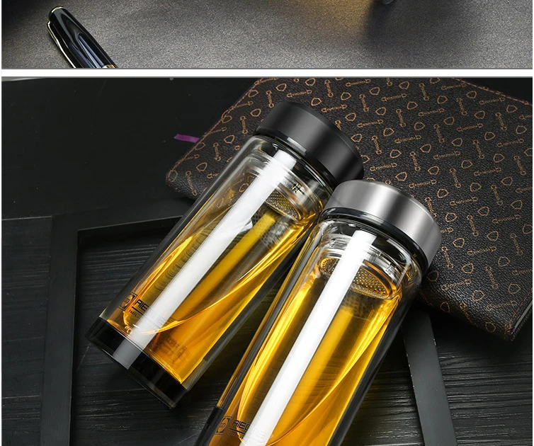 320ml 280ml Business Type Water Bottle Glass Bottle With Stainless Steel Tea Infuser Filter Double Wall Glass Sport Water Tumble