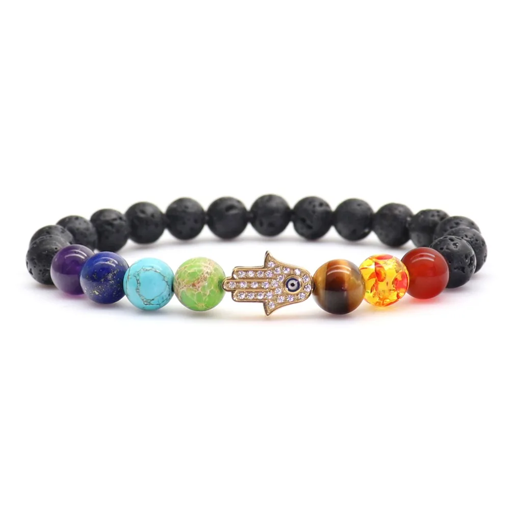 

Lucky Hamsa Hand 7 Chakra Narural Beads Faith Bracelet Lava Rock Beaded Elastic Bracelet Men Women Stretch Hamsa Chakra Bracelet
