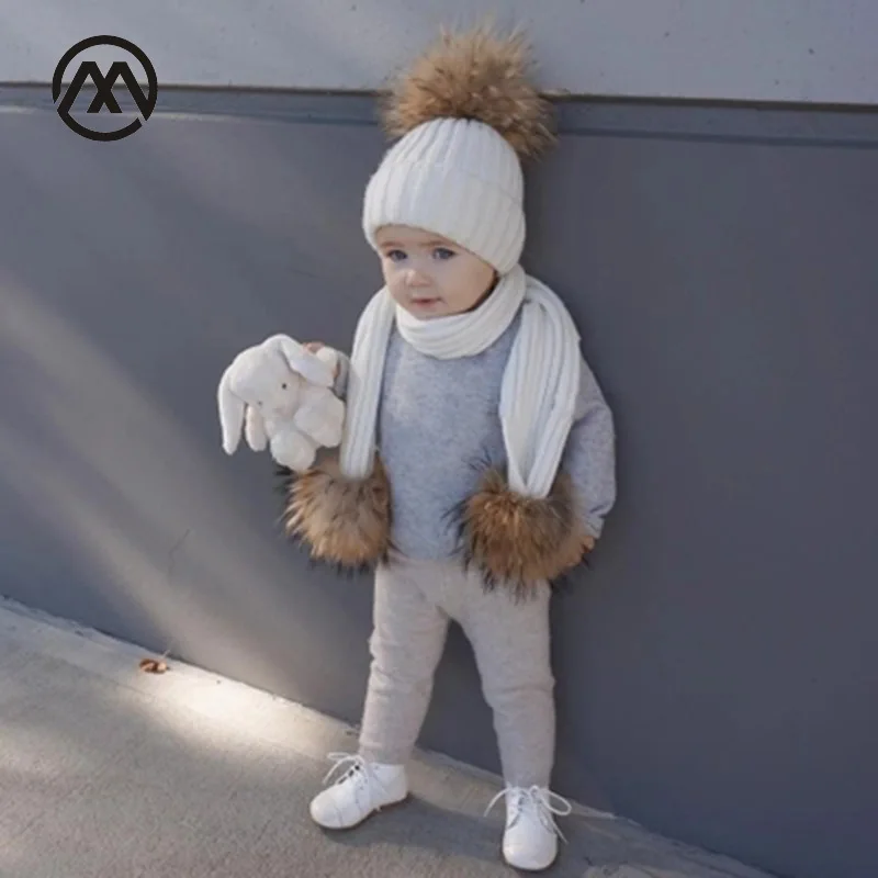 

Children's knitted cotton hats warm and comfortable autumn and winter raccoon fur pom-pom boy and girl ski mask caps kids scarf