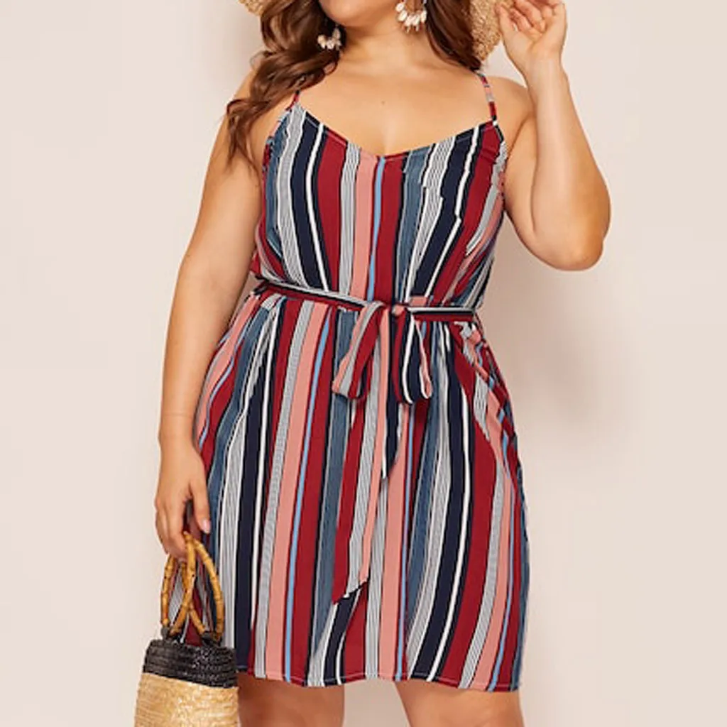 summer dress plus size dresses for women 4xl 5xl Fashion Women Plus Size Stripe Print Camis V-Neck Sleeveless Bandage Dress