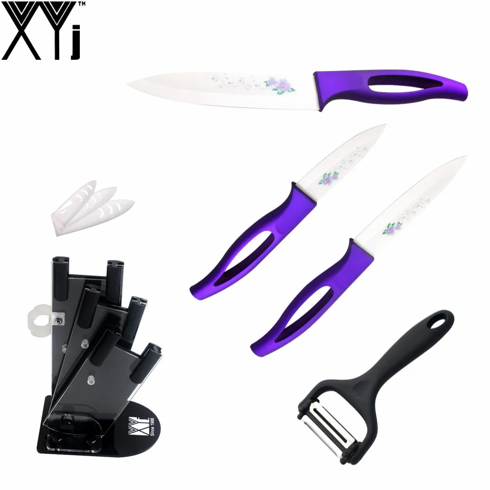 XYJ Brand Ceramic Knife Set 3" 4" 5" Purple Handle Kitchen Knives + One
