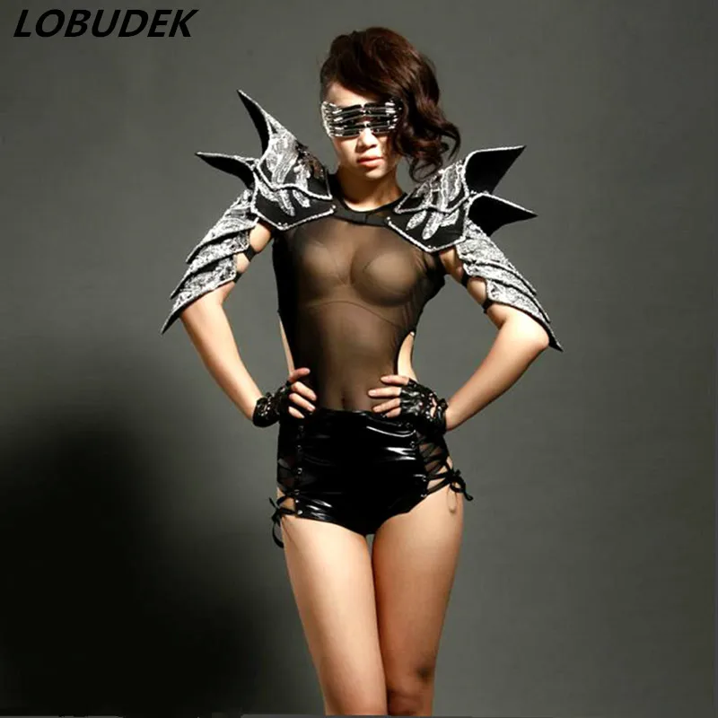 

New style sexy female singer coverall costume Ds habergeon japanned leather armor bodysuit stage dance DJ clothing