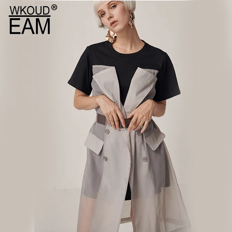 

WKOUD EAM 2019 New Spring Summer Round Neck Short Sleeve Black Meshs Split Joint Loose Temperament Dress Women Fashion JW33