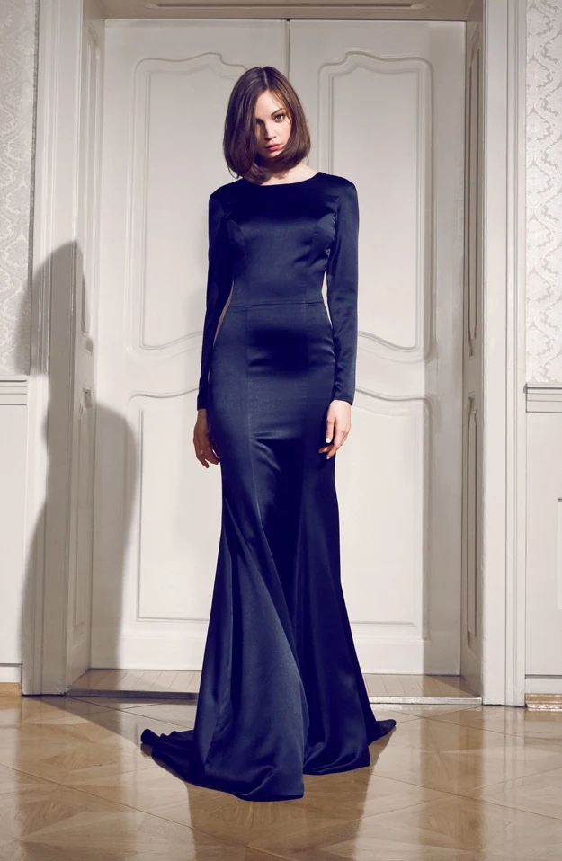 New Arrival 2016 Navy Blue Satin Long Sleeves Mermaid Floor Length