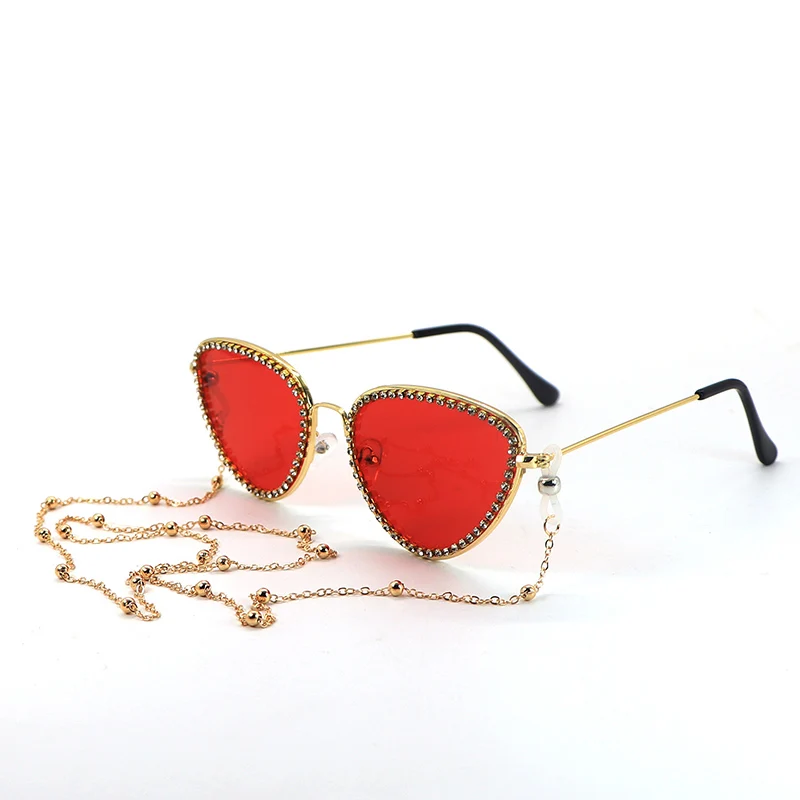 

Gold Sunglasses Chain with Red Tinted Cat Eye Sunglasses Festival Eyewear Rhinestone Crystal Sexy Ladies CatEye Sunglass Metal