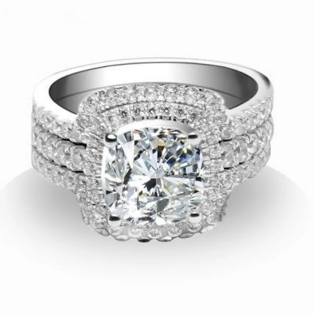 Cushion Cut Rings Set 925 Sterling Silver Rings White Gold Color 2CT Synthetic Diamonds