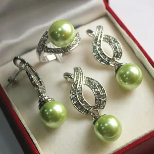 

Jewelry 001088 1Set AAA 12mm Green Shell Pearl Pendant Necklace Earrings Ring